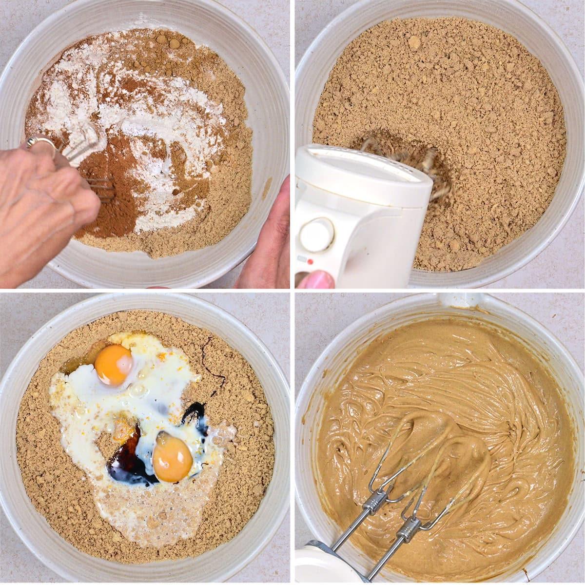 Four-step collage showing gingerbread cake batter being made: mixing dry ingredients, blending with a hand mixer, adding eggs and liquid ingredients, then beating everything into a smooth batter with an electric mixer.
