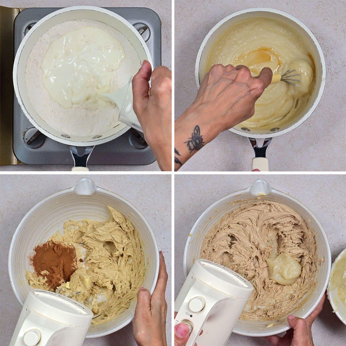 A four-panel image shows hands ermine frosting: pouring milk into flour in a pot, whisking mixture, adding cinnamon to creamed mix with electric mixer, and combining all ingredients with the mixer.