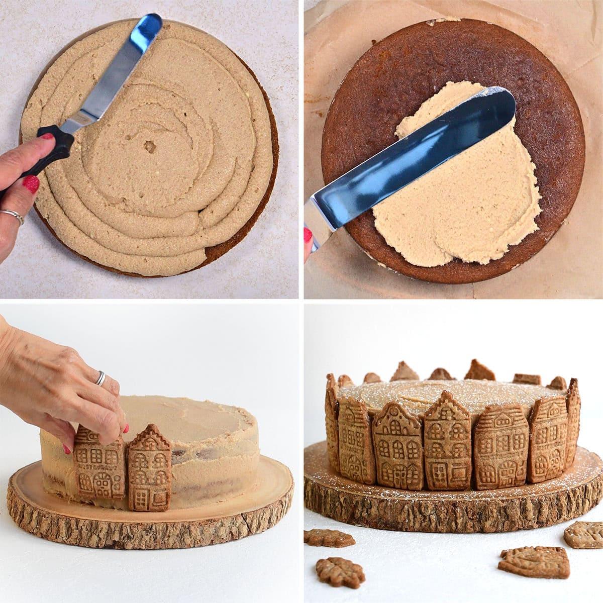 A four-step photo collage shows a cake being decorated: frosting is spread on a round cake, then the whole cake is frosted, and rectangular cookies shaped like buildings are pressed onto the sides.