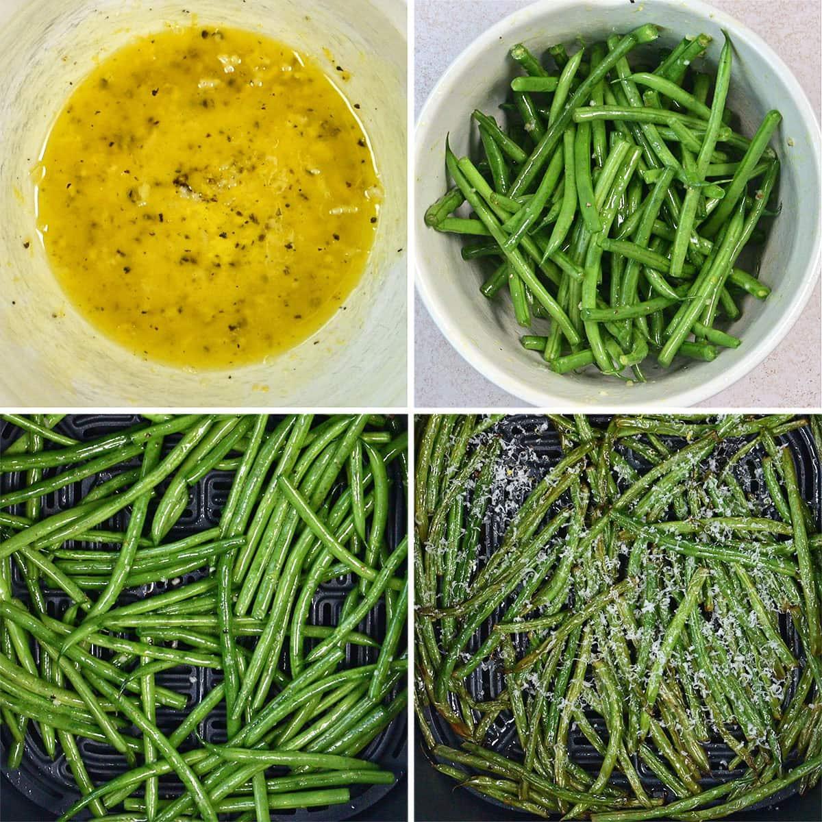 Four-panel image showing: a bowl of yellow marinade, a bowl of raw green beans, green beans arranged in an air fryer, and cooked green beans garnished with grated cheese in the air fryer basket.