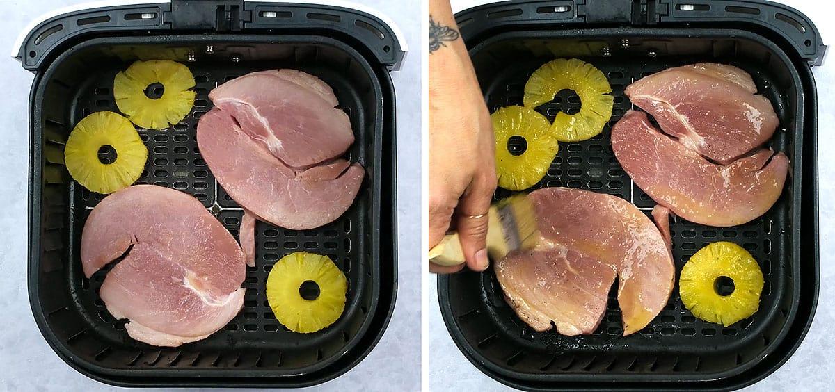 Gammon steaks and pineapple in an air fryer basket collage