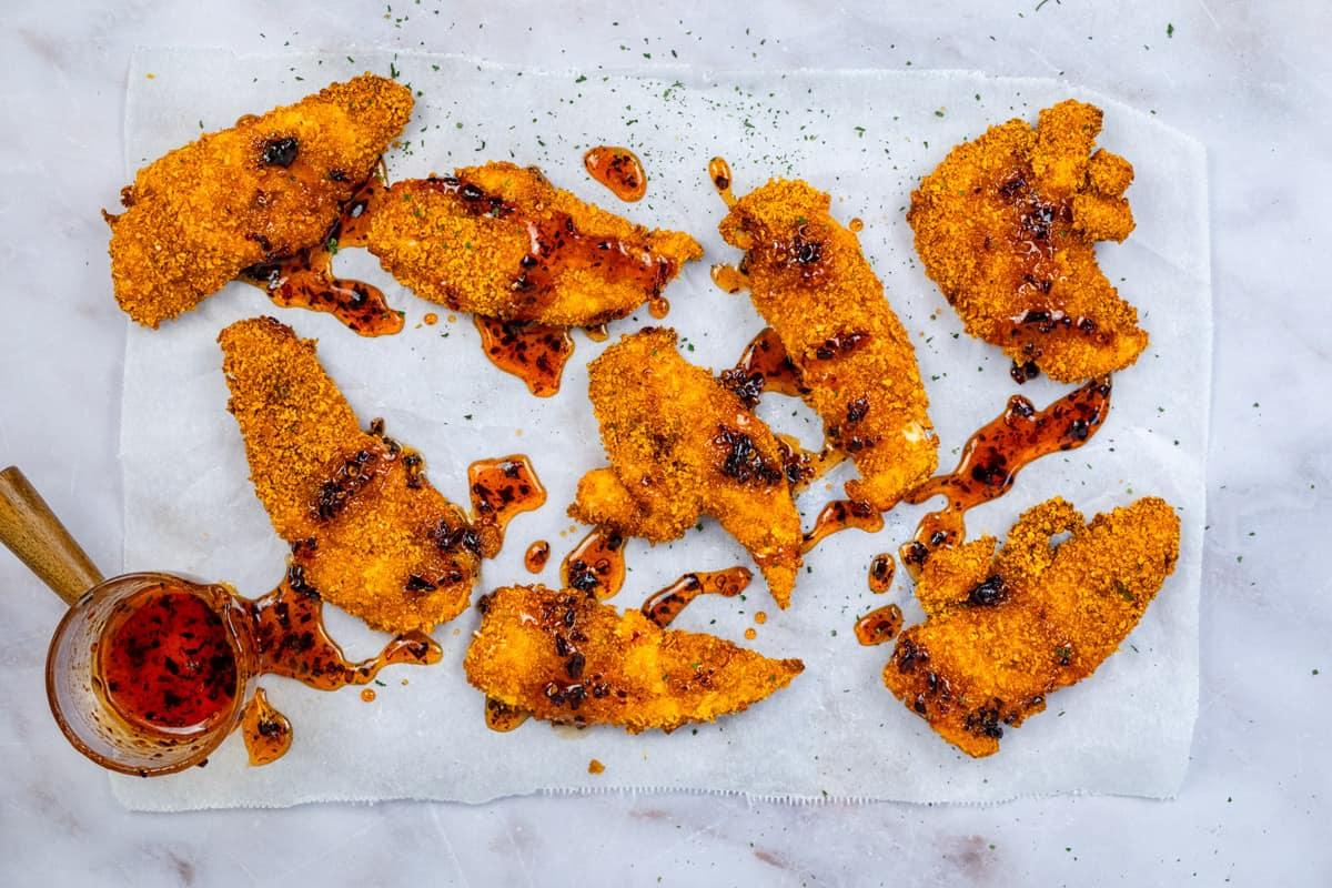 Air fried chicken tenders with hot honey sauce