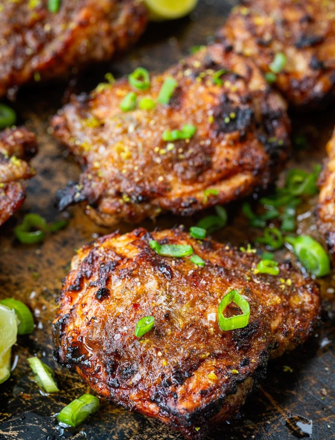 Close up on Air Fryer Jerk Chicken thighs garnished with finely sliced green onions
