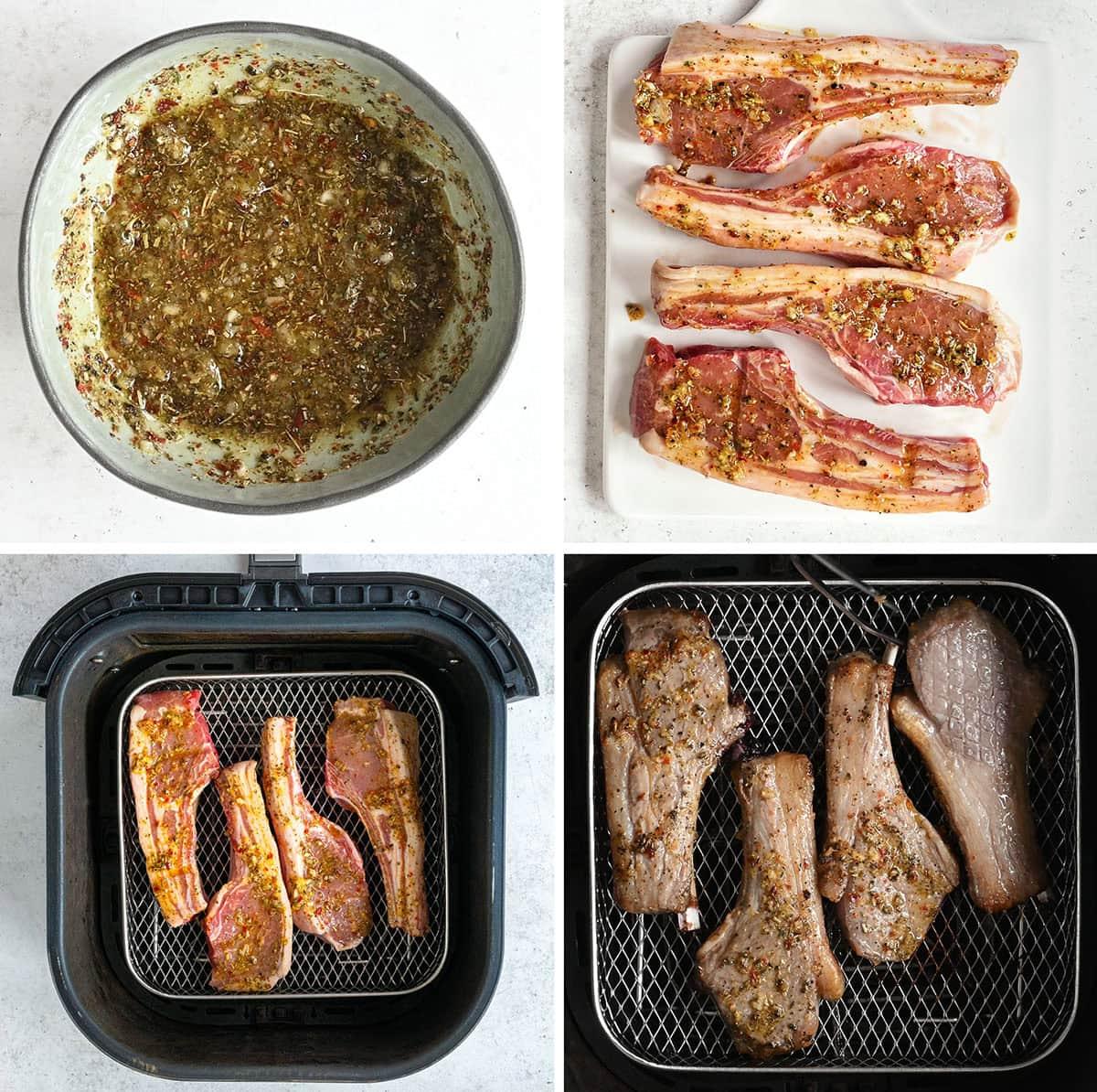 A four-panel image showing: a bowl of marinade, raw marinated lamb chops on a plate, lamb chops placed in an air fryer basket, and cooked lamb chops in the air fryer after cooking.