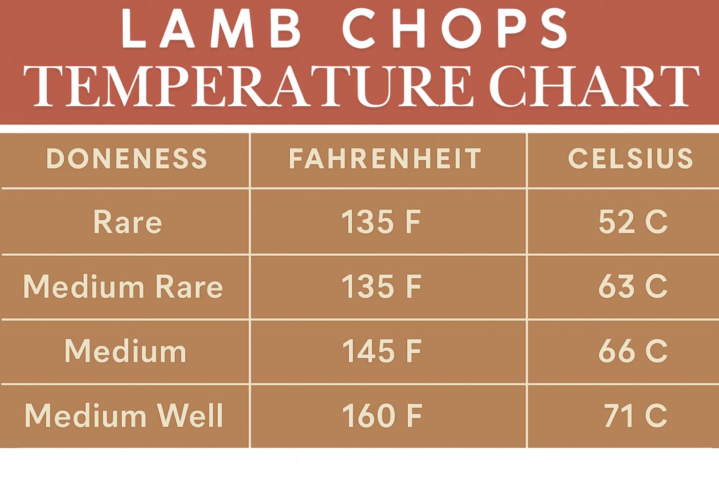 Lamb chops temperature chart showing doneness levels with corresponding temperatures: Rare 135°F/52°C, Medium Rare 135°F/63°C, Medium 145°F/66°C, Medium Well 160°F/71°C.