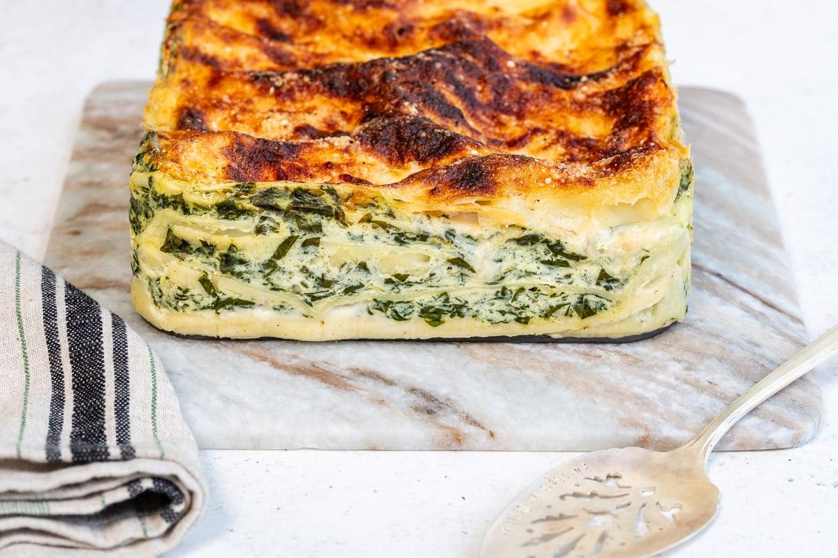 vegetarian lasagne on a marble board