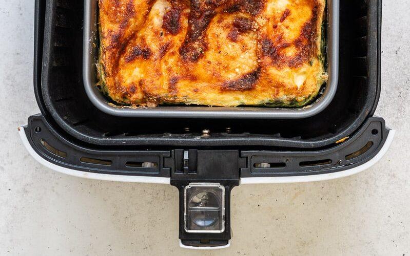 Pan of lasagna in the air fryer