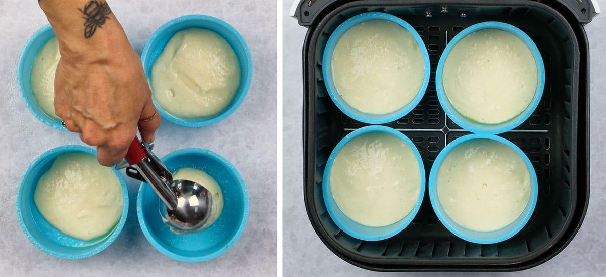 collage showing how to make pancakes in the air fryer