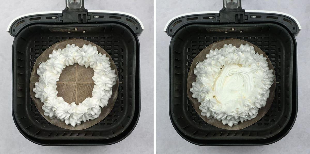 Side-by-side images show Air Fryer Pavlova in progress: the basket lined with parchment and a ring of piped meringue before (left) and after (right) air frying. The Pavlova in Air Fryer looks set and lightly browned once cooked.
