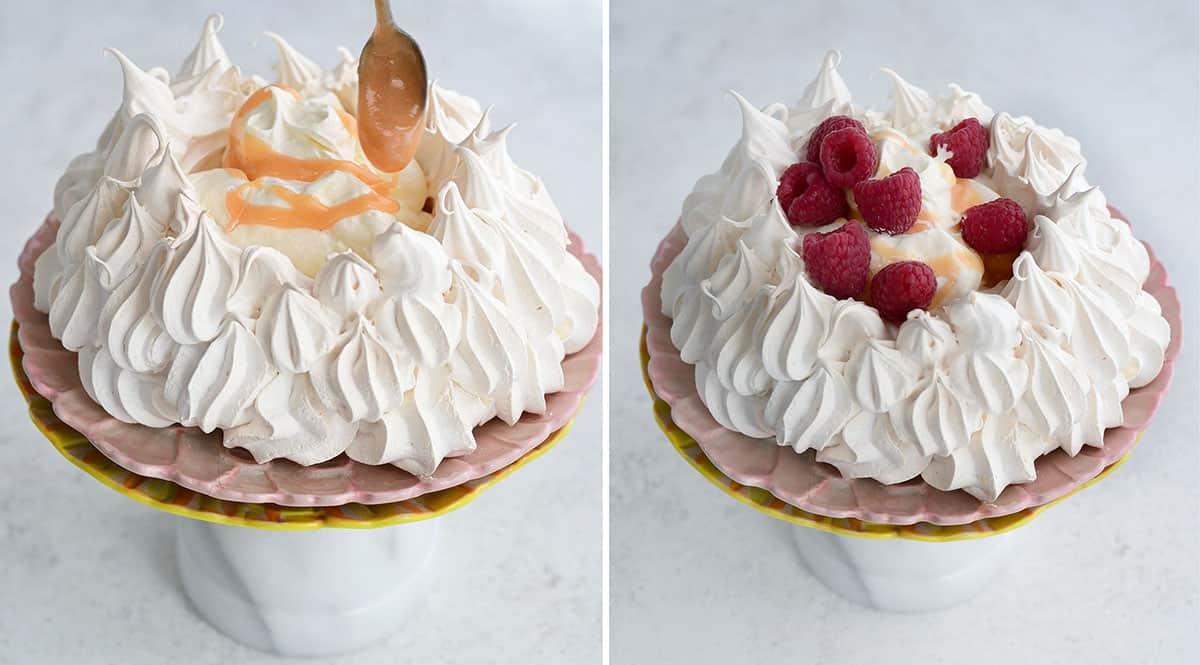 Two images side by side show an Air Fryer Pavlova on a cake stand. The left image features caramel sauce being drizzled on top; the right shows the pavlova topped with whipped cream and fresh raspberries.