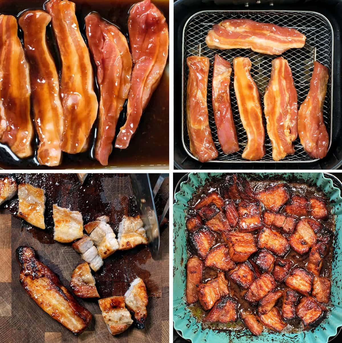 A collage of four images showing air fryer pork belly being marinated, cooked in the air fryer, sliced on a cutting board, and served as caramelized Air Fryer Pork Belly Bites in a green dish.