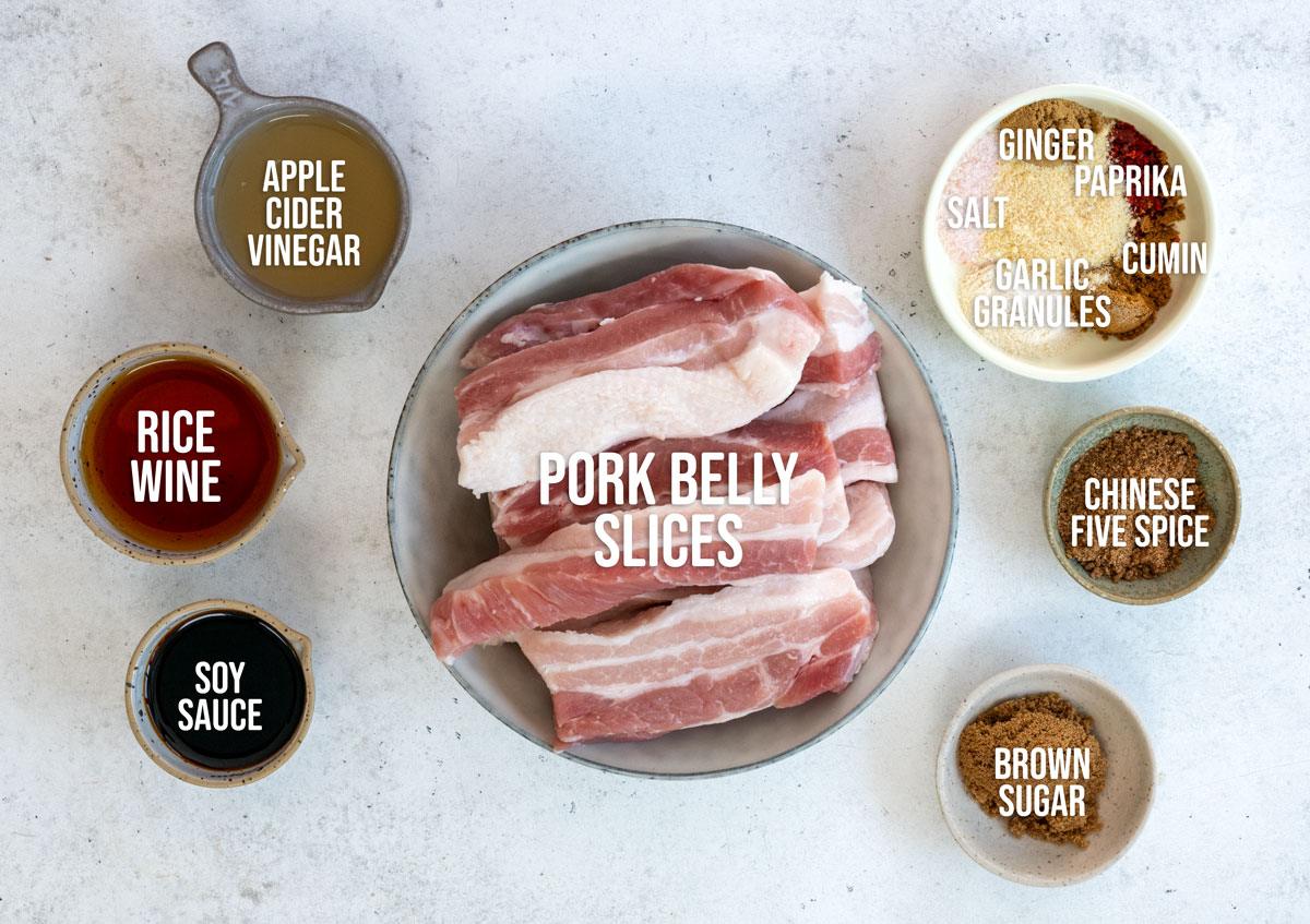 A bowl of raw pork belly slices is surrounded by small bowls containing apple cider vinegar, rice wine, soy sauce, brown sugar, Chinese five spice, and a ginger, paprika, salt, cumin, and garlic granules mix.