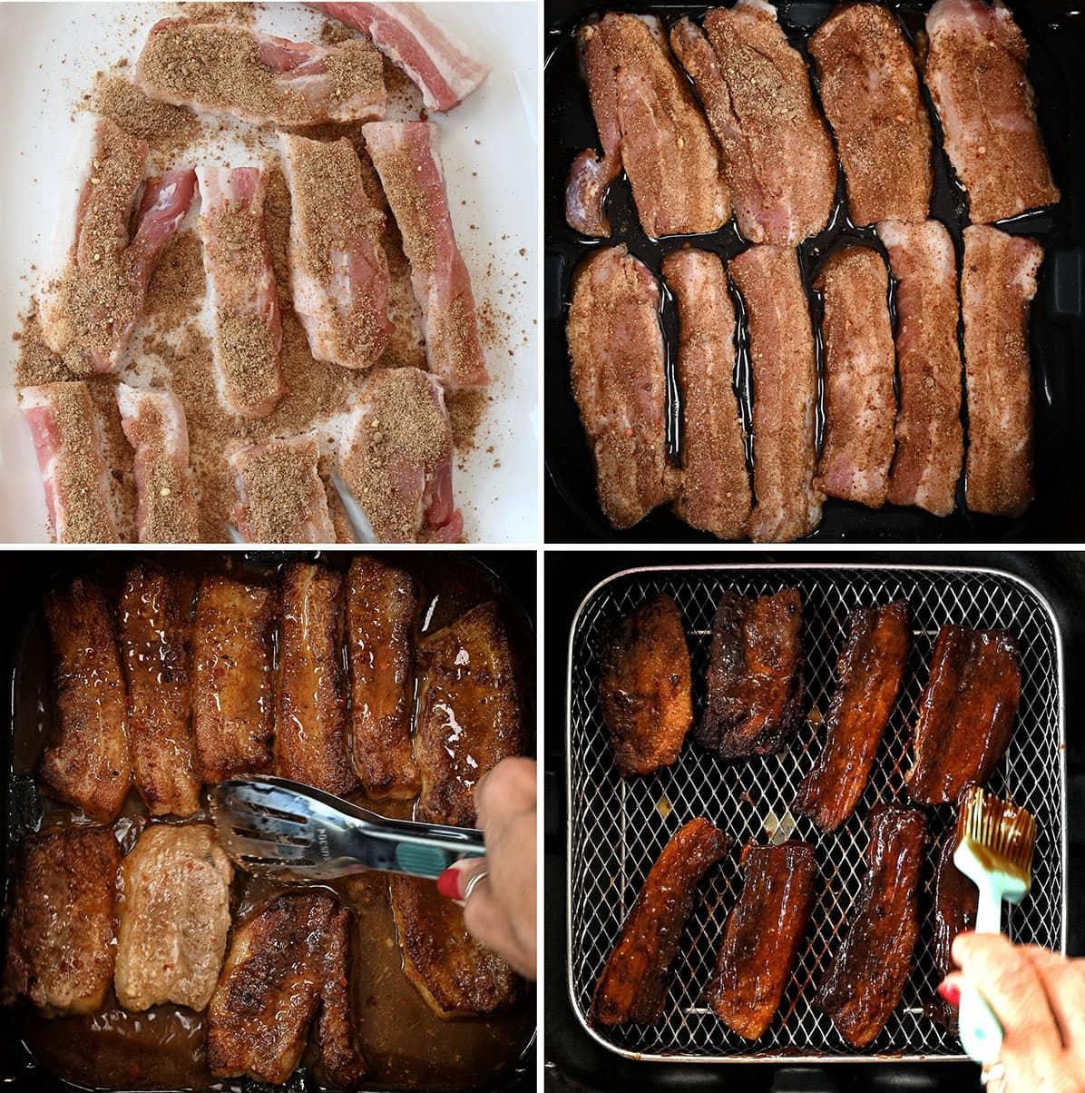 Four steps of cooking pork belly: top left shows raw strips seasoned with spices; top right, seasoned strips in an air fryer basket; bottom left, cooked strips being turned with tongs; bottom right, strips being brushed with sauce.