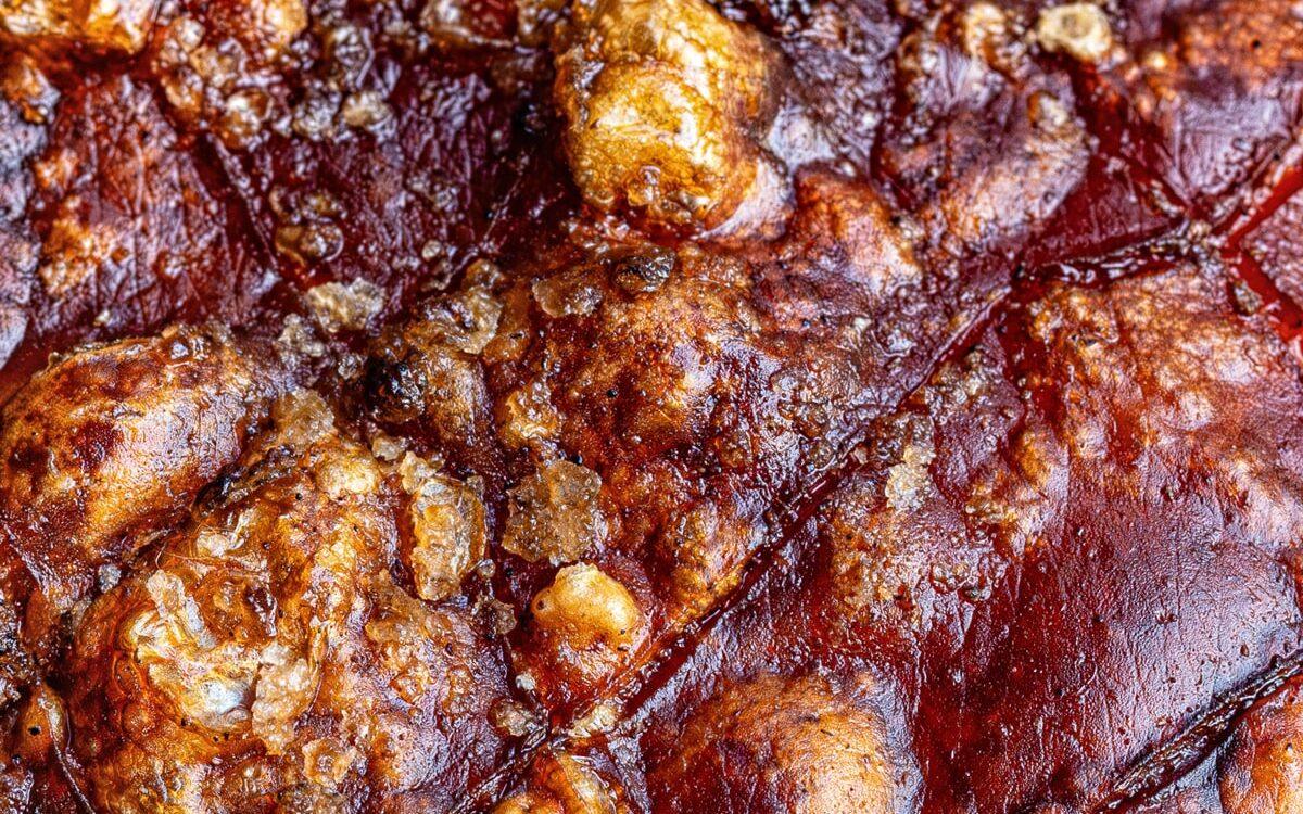 extreme close up on super crisp pork crackling