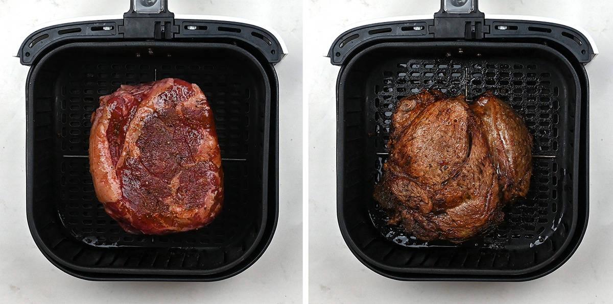 Boneless prime rib before and after roasting in an air fryer