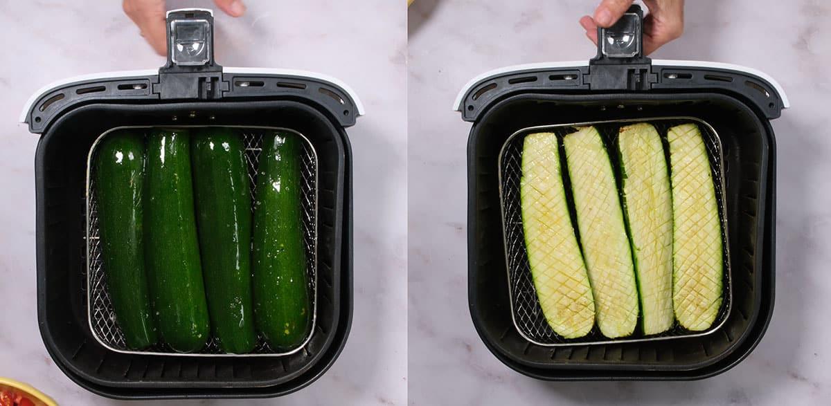 Collage showing zucchini in an air fryer basket