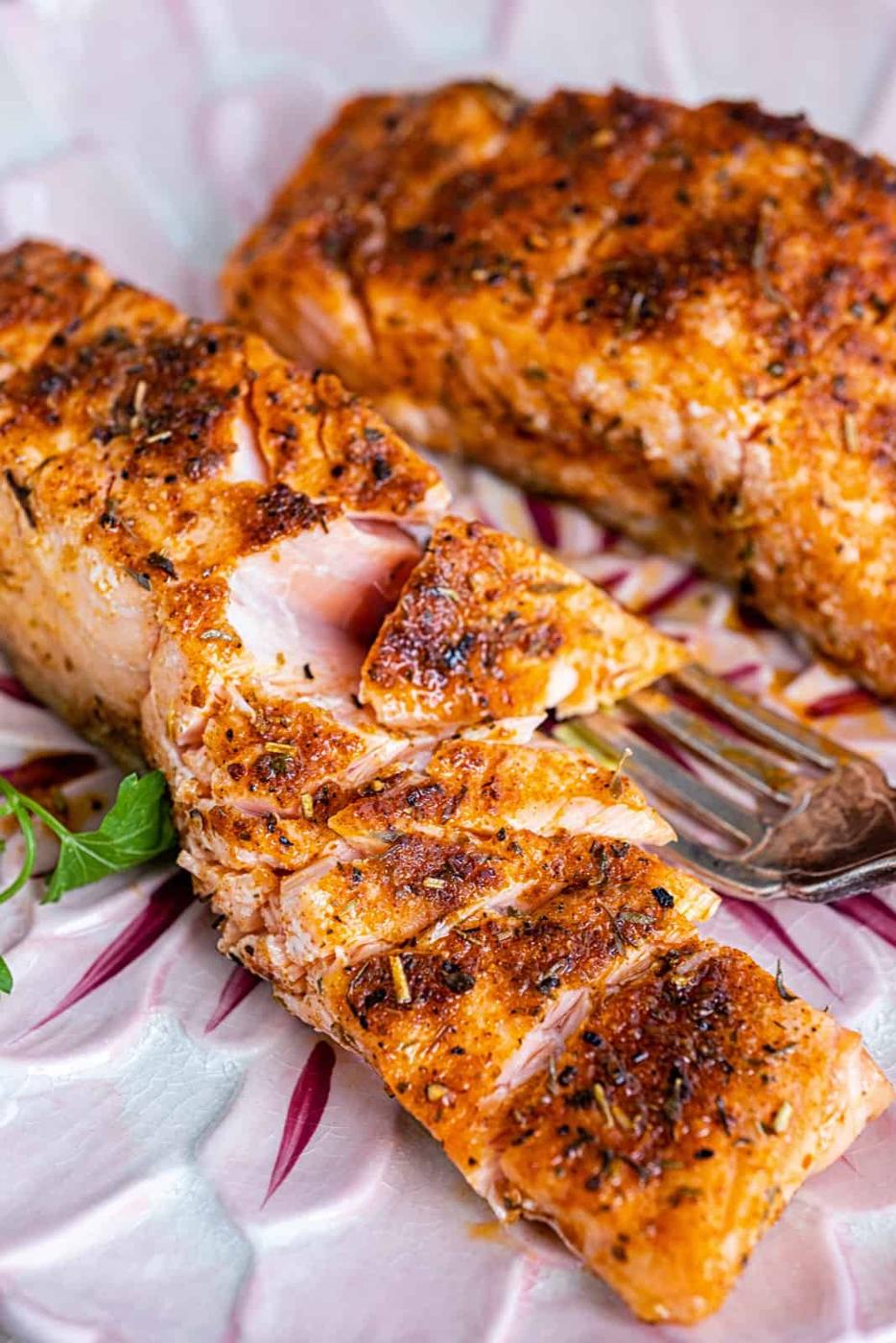 Flaky salmon cooked in the air fryer close up