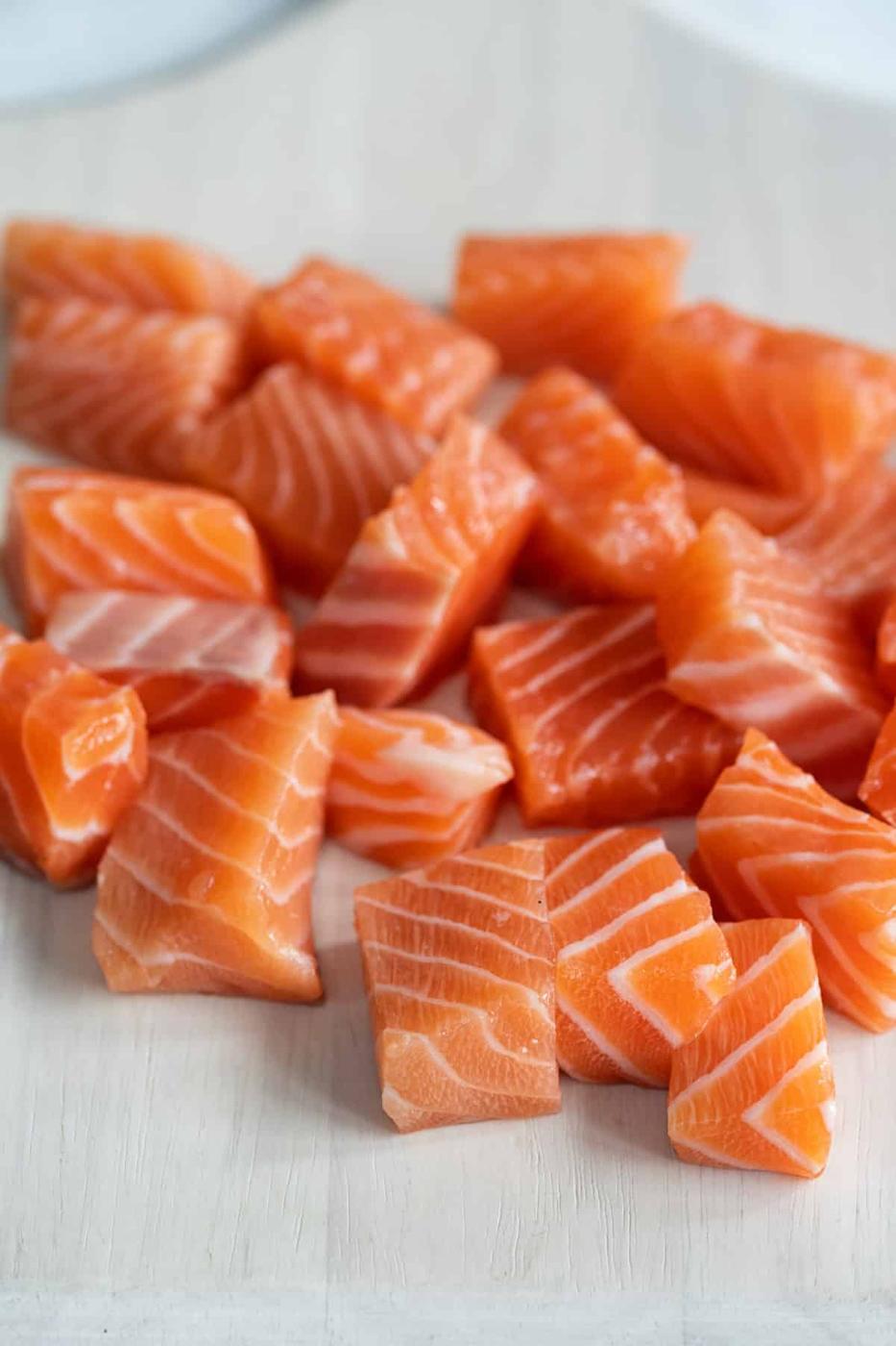 cubes of salmon filet close up