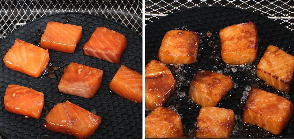 collage showing air fryer salmon bites before and after cooking