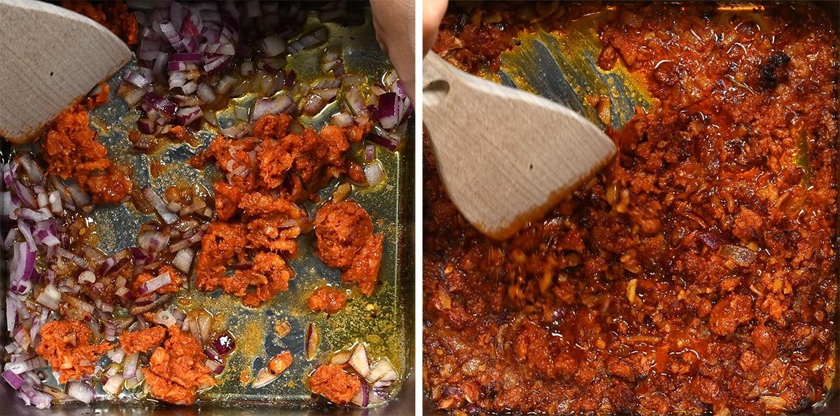 A split image shows diced red onions and chorizo being cooked in a pan on the left, and on the right, the chorizo and onions are browned and well mixed with a wooden spatula—perfect for adding to your favorite Shrimp orzo recipe.