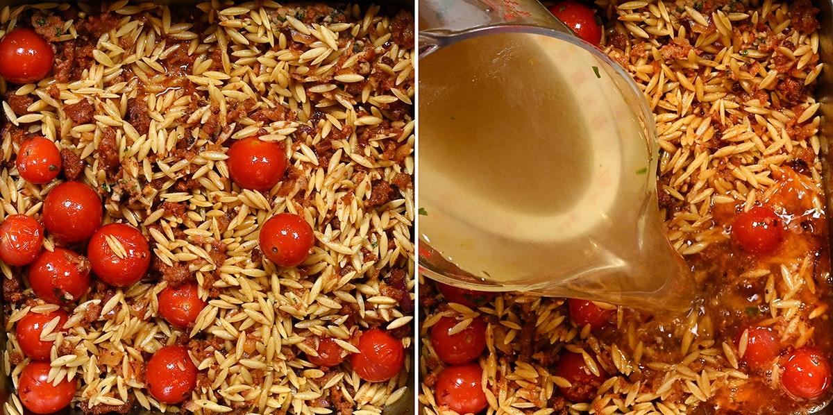 Close-up split image: uncooked orzo pasta, cherry tomatoes, and ground meat in a pan; on the right, broth is poured over the mixture. This shrimp orzo recipe highlights vibrant ingredients that are colorful and evenly distributed.