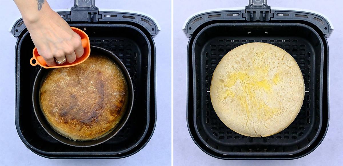 sourdough loaf in the basket of an air fryer collage