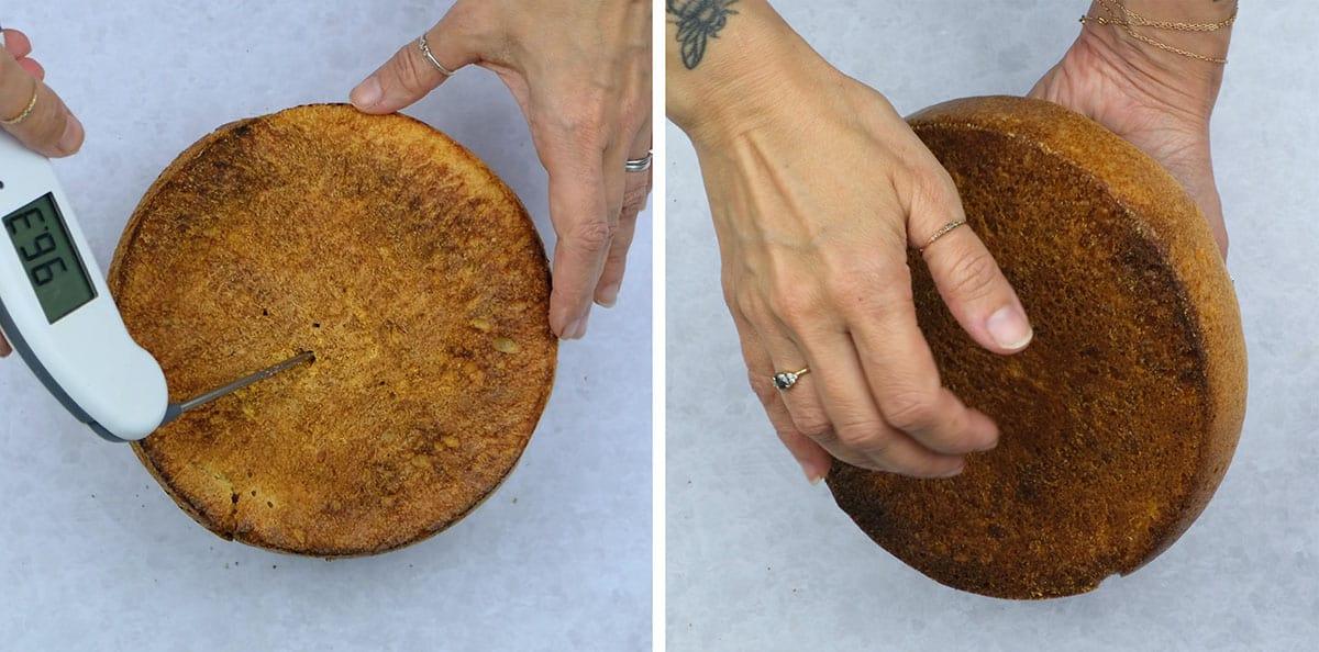 checking baked bread for doneness