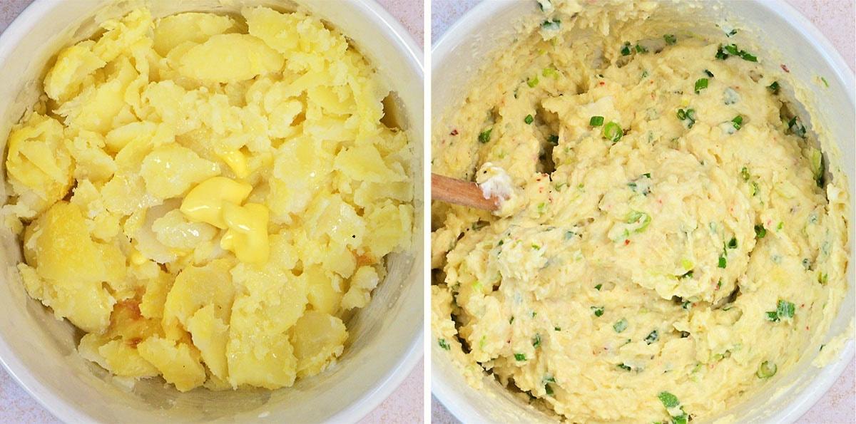 Two side-by-side bowls: the left shows cooked, sliced potatoes with a pat of butter on top; the right shows the potatoes mixed into a creamy batter with green herbs and a wooden spoon.