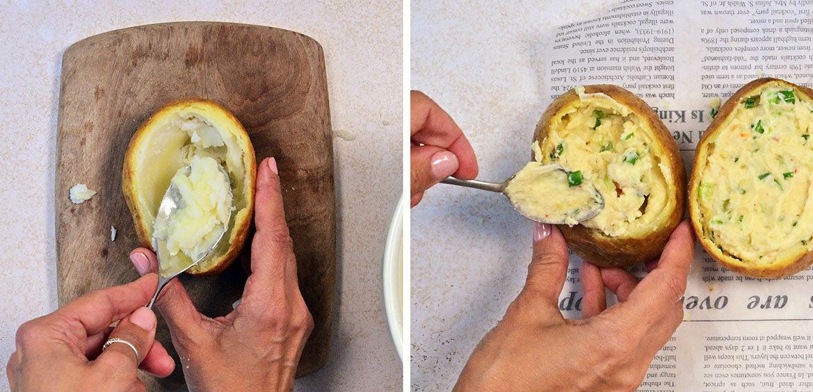 A collage shows hands scooping mashed potatoes from a baked potato, mixing the filling, and four stuffed baked potatoes topped with cheese and bacon on newspaper.