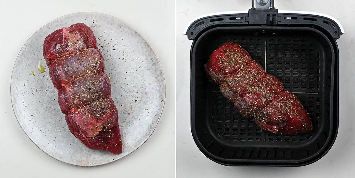 Venison roast seasoned and in an air fryer basket