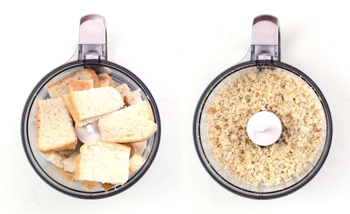 A split image shows a food processor with cubed bread on the left and finely ground bread crumbs on the right, demonstrating how to make bread crumbs for albondigas or Spanish meatballs.