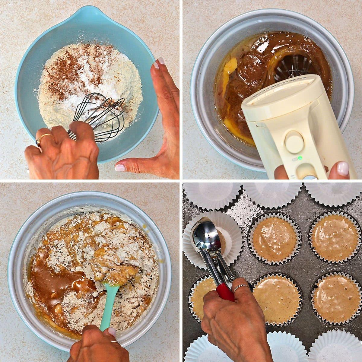 Four images show steps of baking apple cider muffins: whisking dry ingredients in a bowl, mixing wet ingredients with a hand mixer, folding batter with a spatula, and scooping batter into lined muffin tin cups.