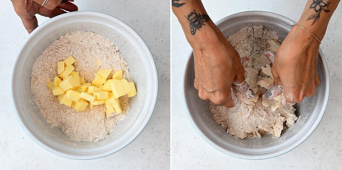 making crumble topping in a mixing bowl