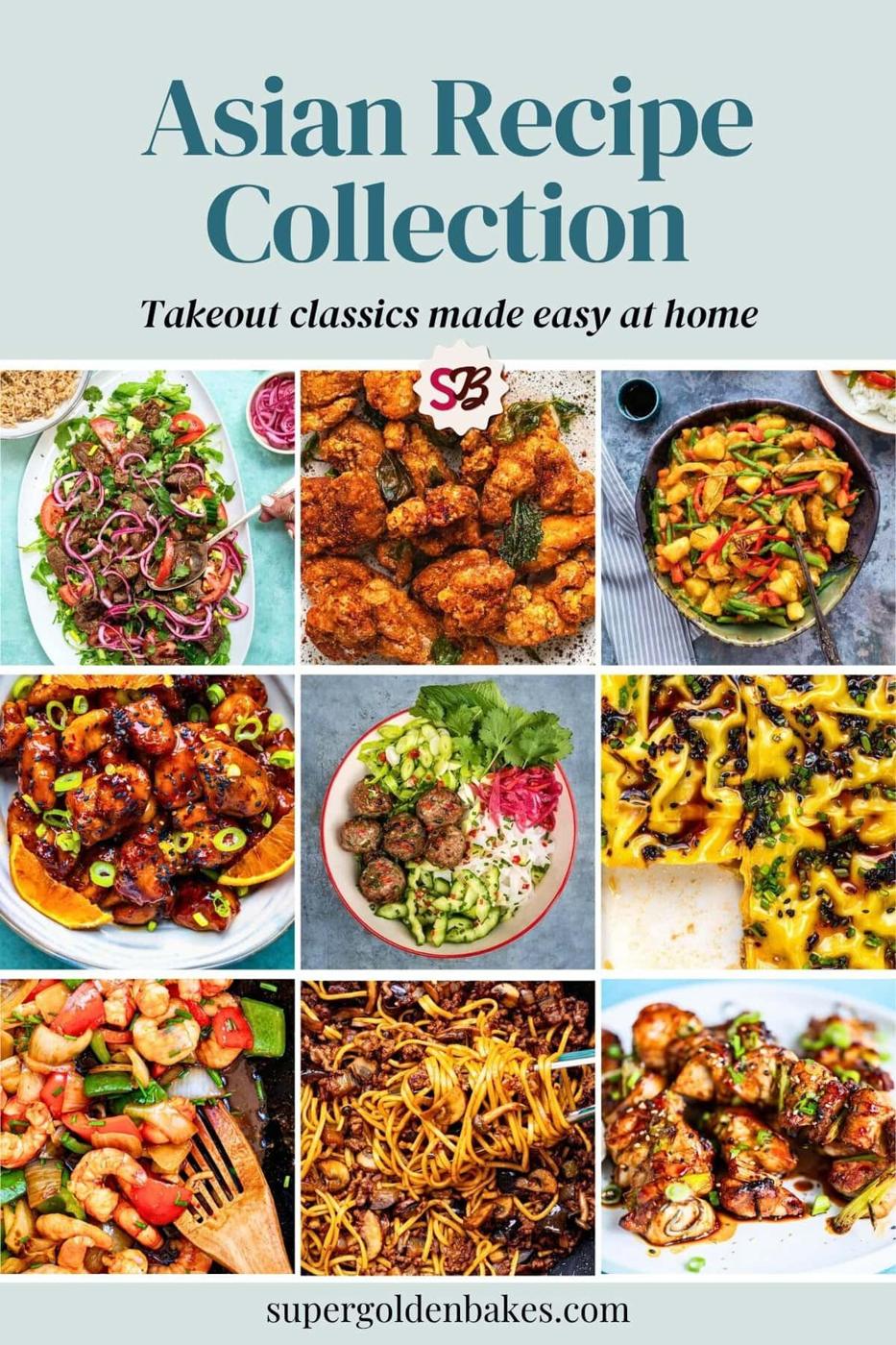 A collage of colorful Asian dishes like noodles, fried chicken, stir-fries, and salads, with the text Asian Recipe Collection: Easy Asian recipes for your favorite takeout classics at home at the top and Nusde.com at the bottom.