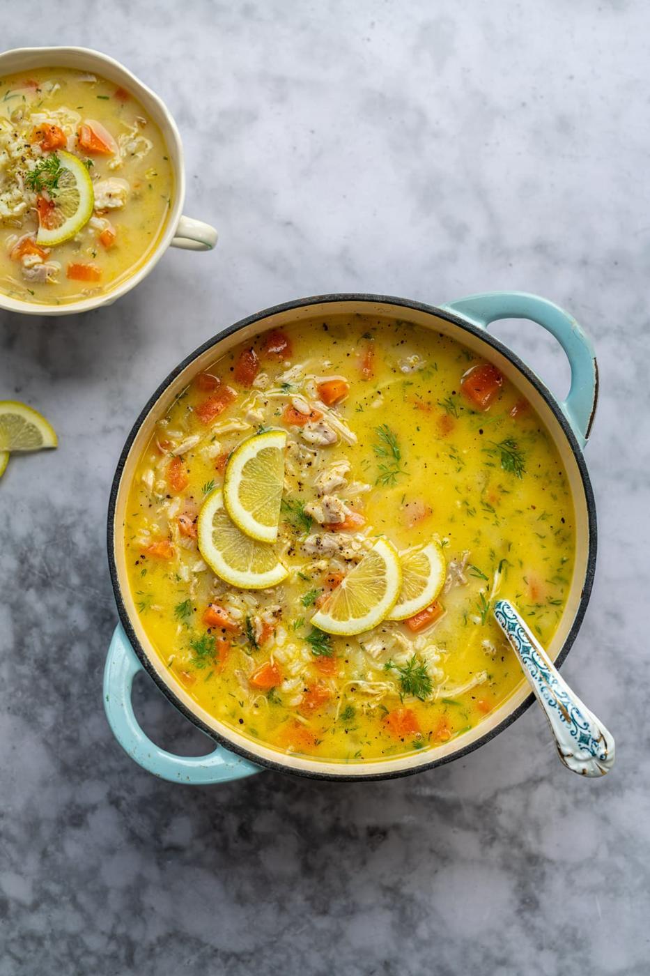 Pot of Greek Avgolemono soup with chicken and rice