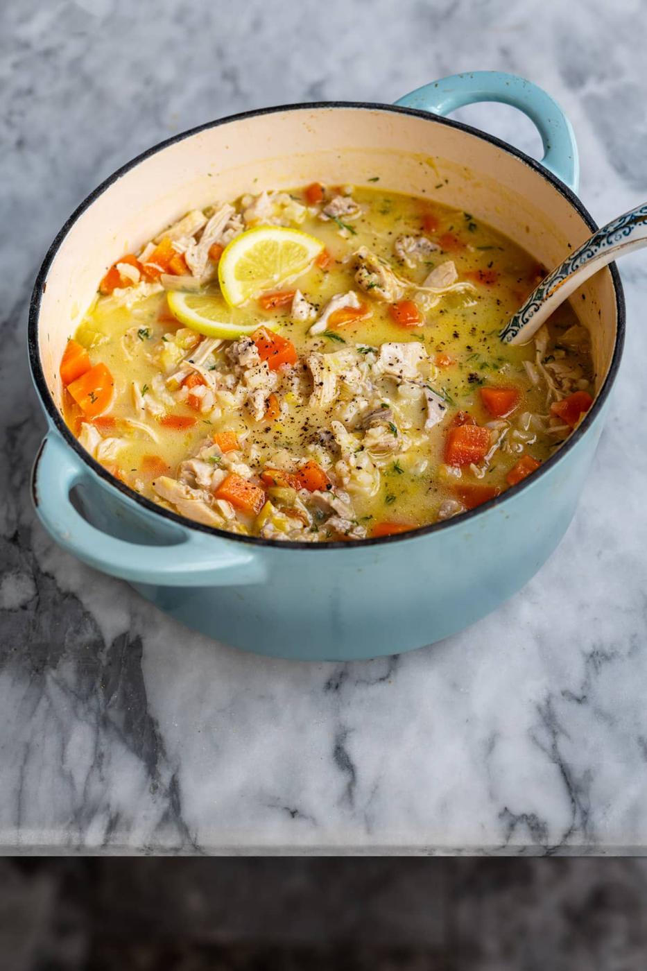 Pot of Greek chicken soup with avgolemono