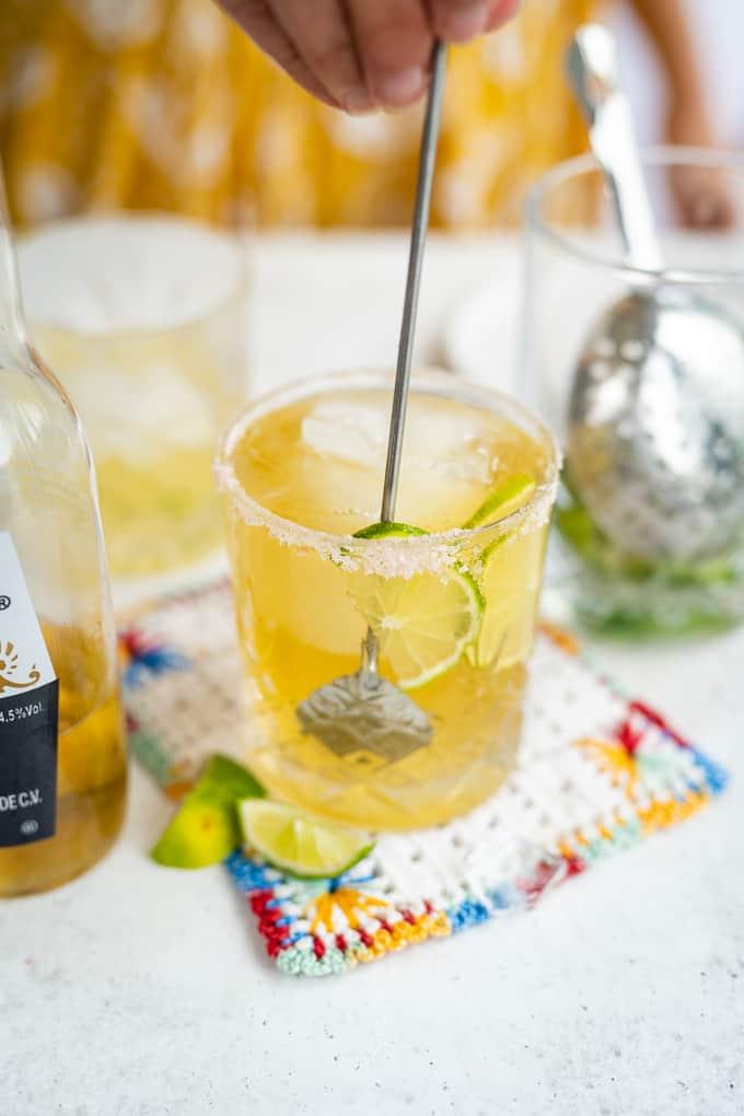Stirring a Beergarita in a rocks glass