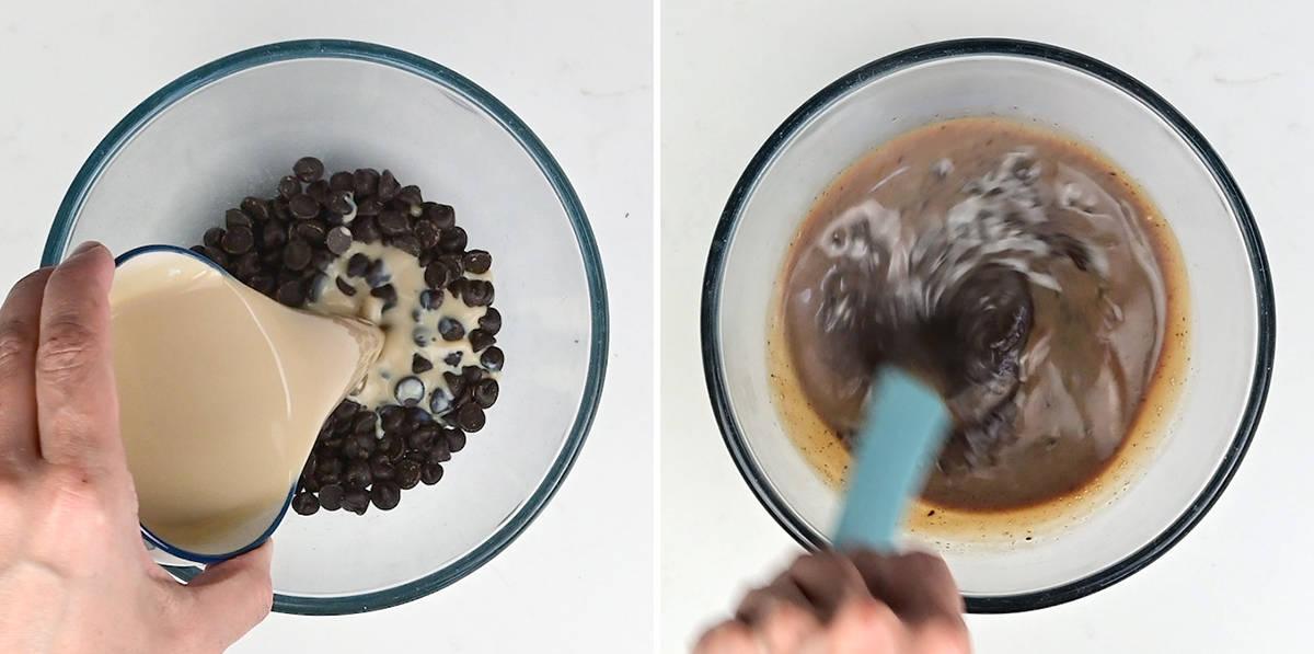 Combing Baileys and chocolate chips in a bowl, melting together to make ganache collage