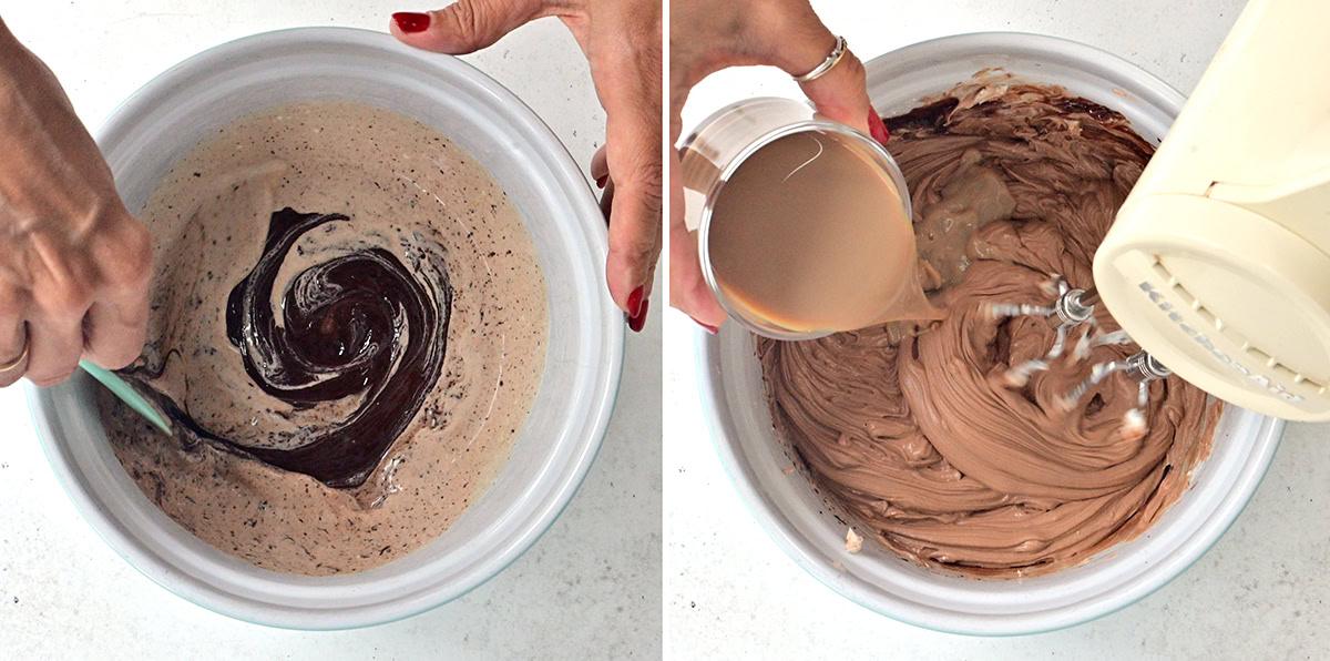 Two images side by side: one shows a hand mixing chocolate batter with a spatula in a bowl, the other shows a hand pouring liquid into the batter while using a hand mixer, both on a white surface.