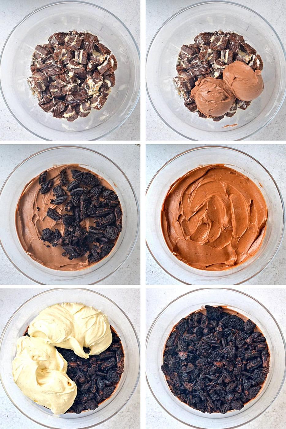 Six-panel step-by-step image showing the process of layering chopped cookies, chocolate cream, crushed cookies, and pale cream to make a layered dessert in a clear bowl.