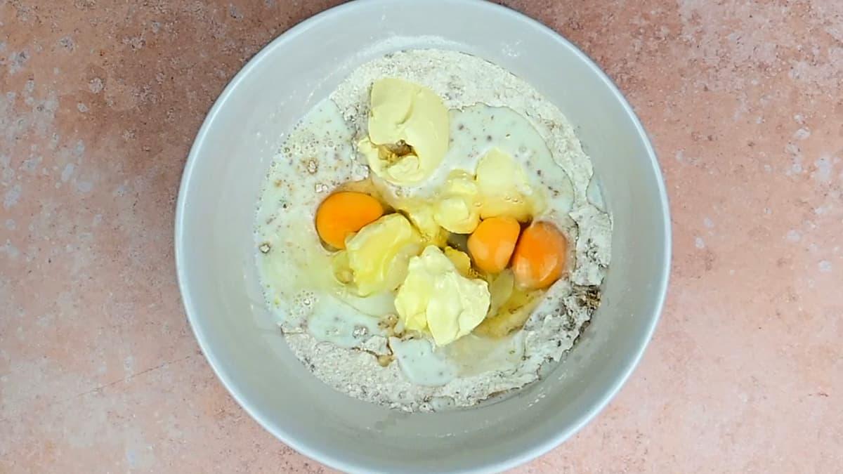 Ingredients for baklava cake in a mixing bowl
