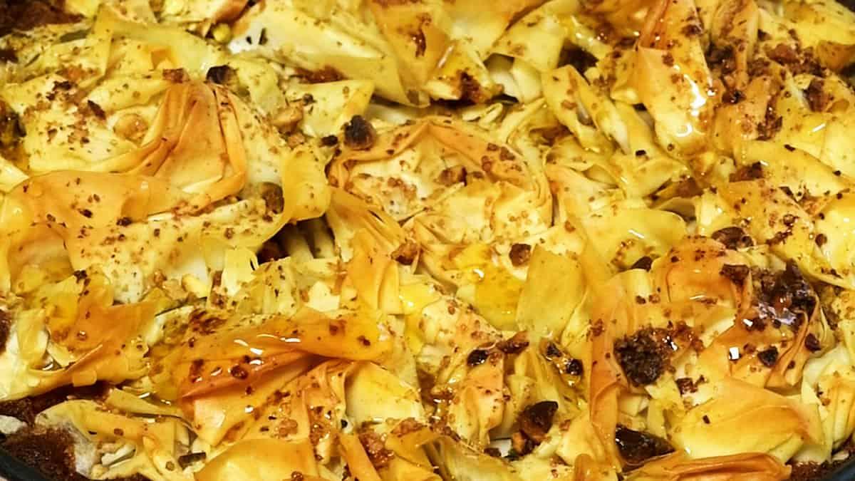 Phyllo pastry drizzled with syrup close up