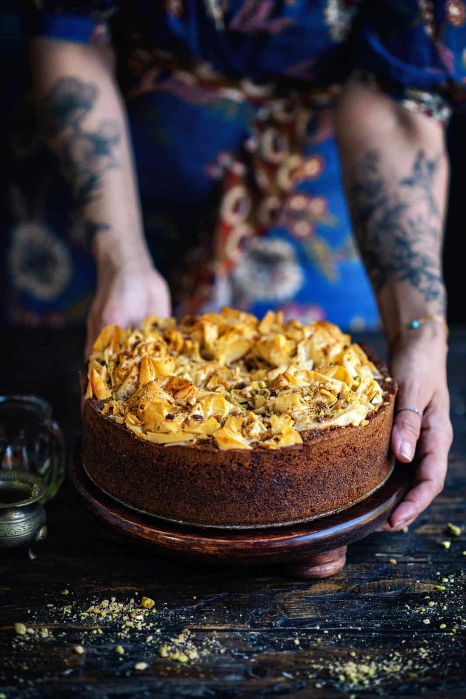 Cake topped with phyllo pastry