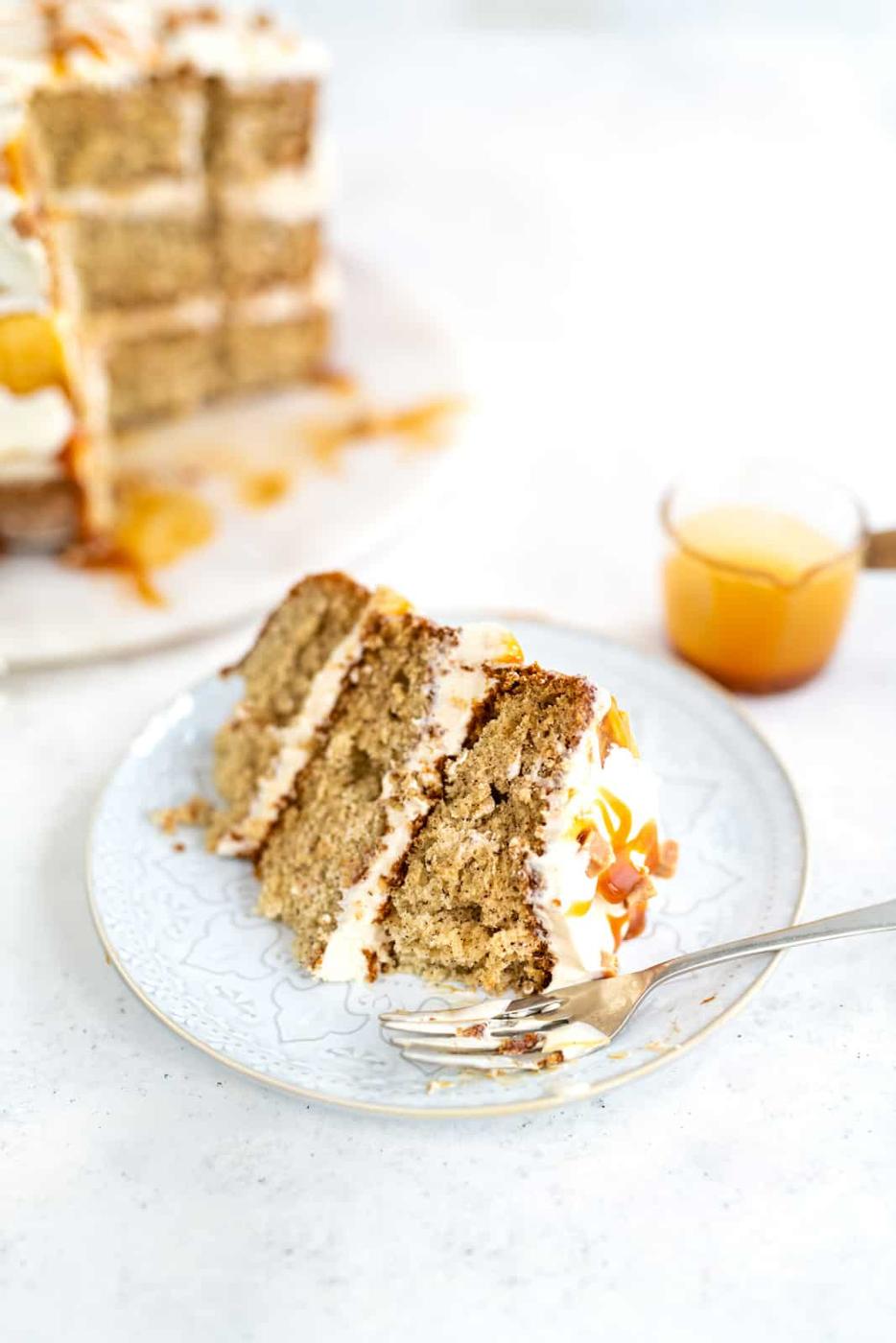 Caramel Banana Cake slice with bite taken out