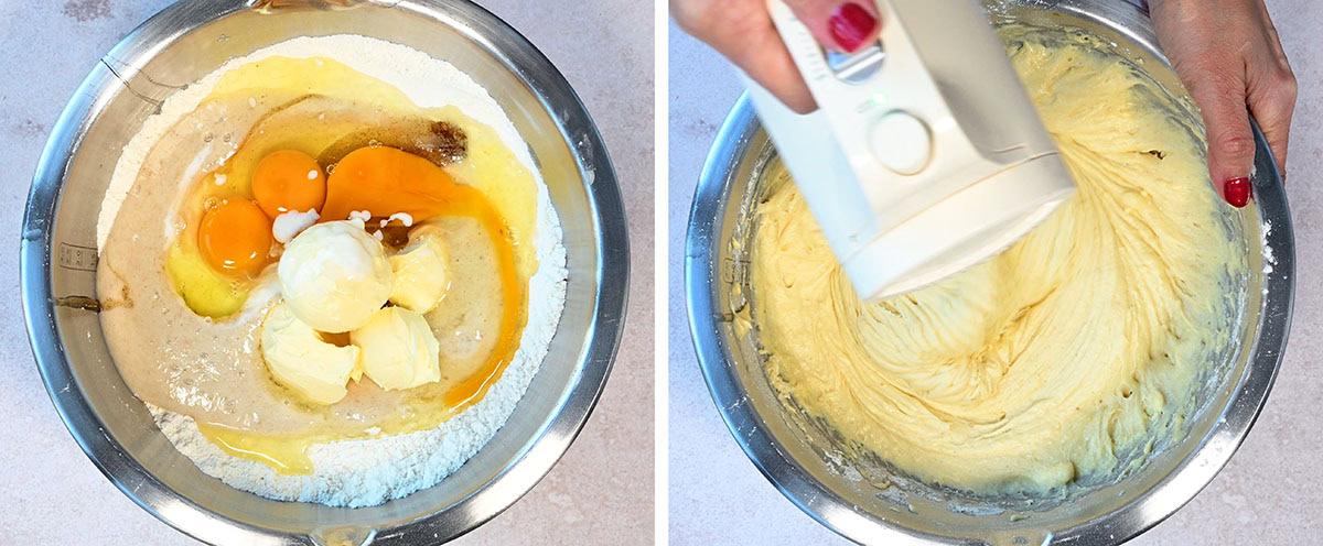 Left image: Ingredients including eggs, butter, vanilla, and flour in a mixing bowl. Right image: A person with red nail polish uses a hand mixer to blend the ingredients into a smooth batter.