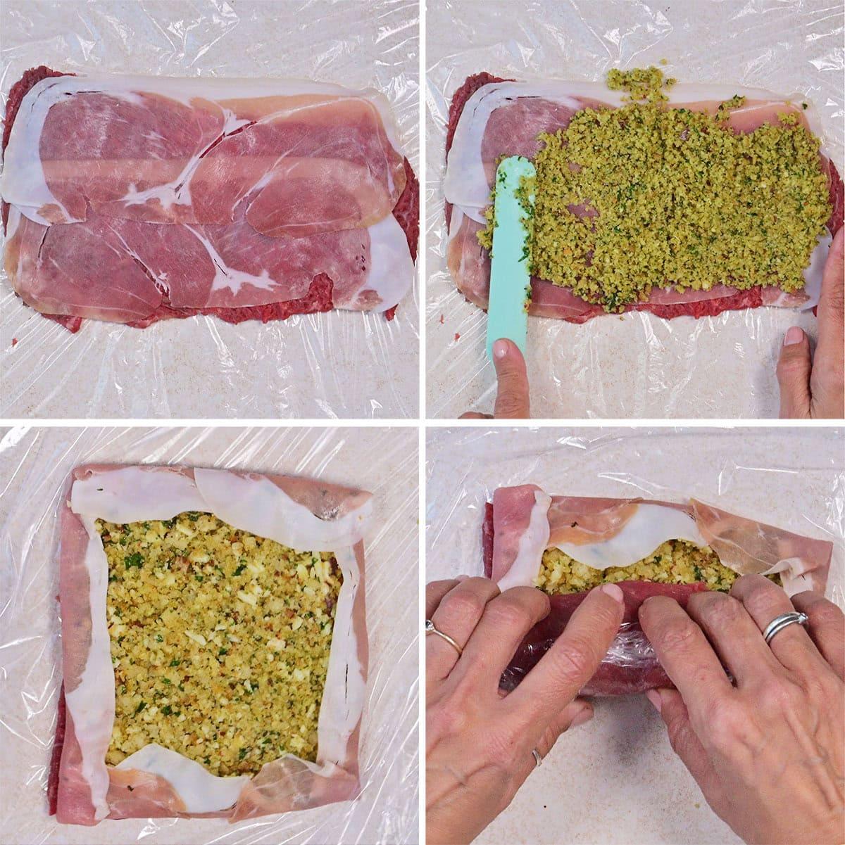 Four-step collage showing the process of spreading and wrapping a mixture onto meat covered with slices of prosciutto, then folding the edges over to encase the filling, all done on a sheet of plastic wrap.