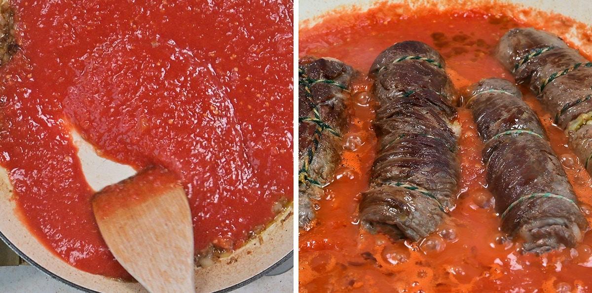 A split image: on the left, tomato sauce being stirred in a pan with a wooden spoon; on the right, beef rolls simmering in tomato sauce.