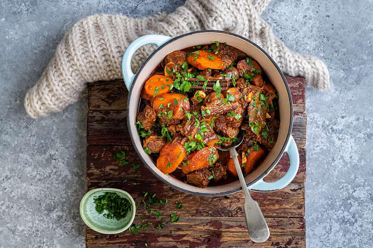 Beef Casserole in a cast iron pot
