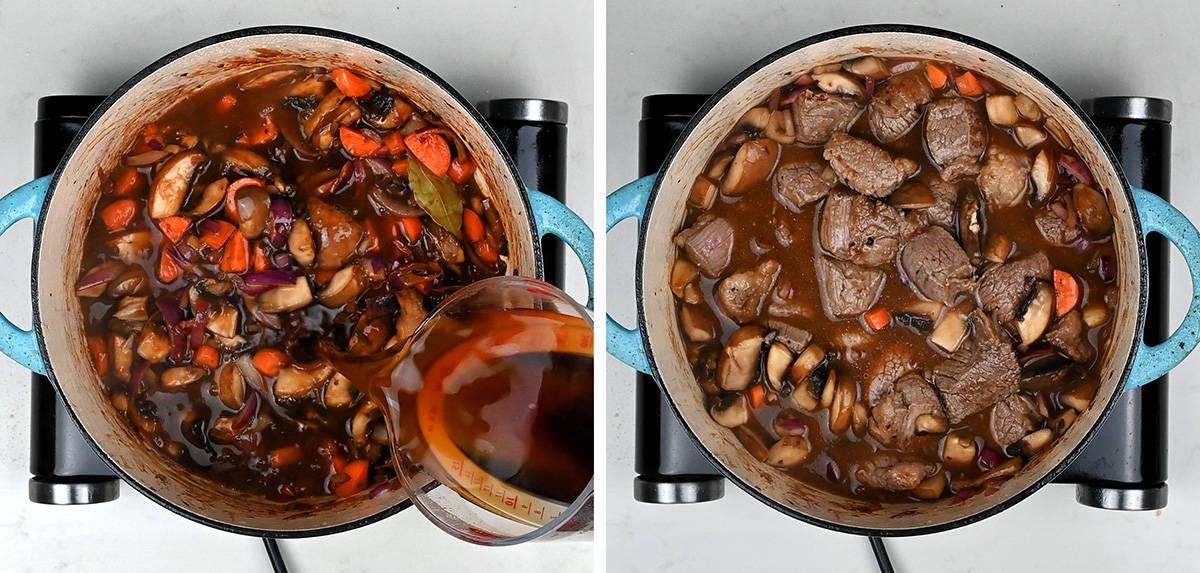 Two images of a blue pot on a stove: the left shows chopped vegetables and mushrooms with liquid being poured in; the right shows large chunks of beef added to the simmering stew for a hearty beef cobbler.