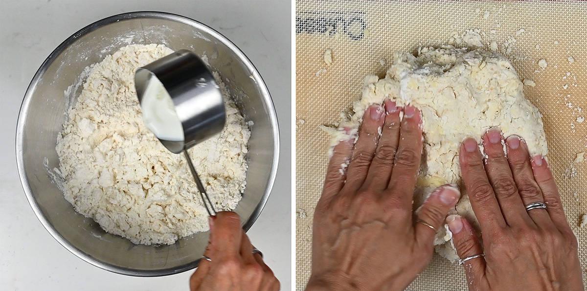 Side-by-side images: left shows a hand pouring liquid from a measuring cup into a bowl of flour mixture for beef cobbler; right shows hands kneading dough on a silicone mat.